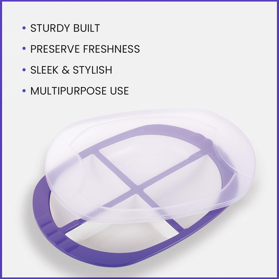 Oliveware Pearl Square Tray with Airtight Lid for Serving Dry Fruits, BPA Free, Storage & Serving Snacks, Dry Fruits, Biscuits, Candy, 4 Compartments (4x150 ml) - Voilet