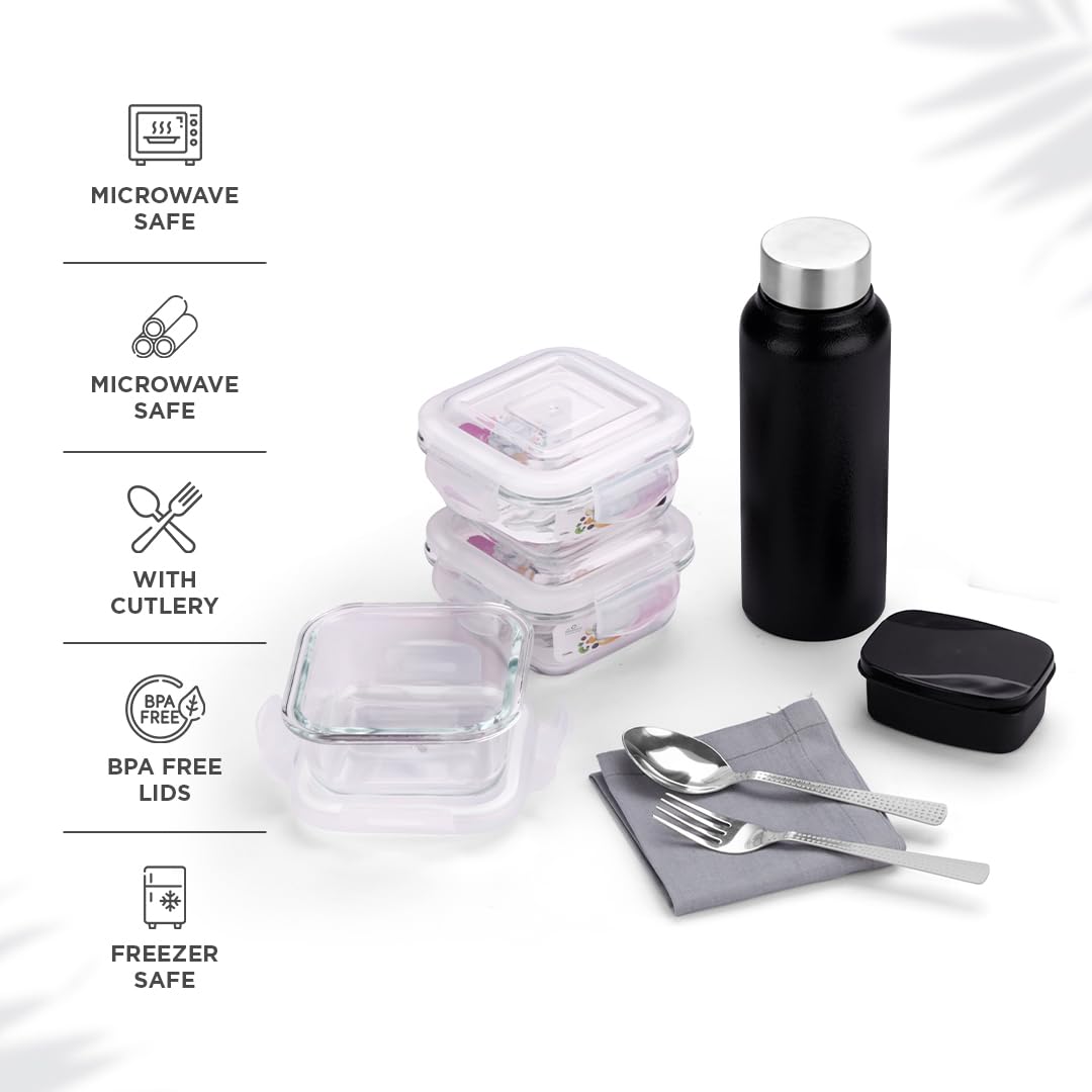 SOPL-OLIVEWARE Crystal Lunch Box with Steel Cutlery, BPA Free Lids, 3 Microwave Safe Glass Containers(3 * 320Ml Each), Plastic Pickle Box (130ml), Steel Water Bottle(750ml)