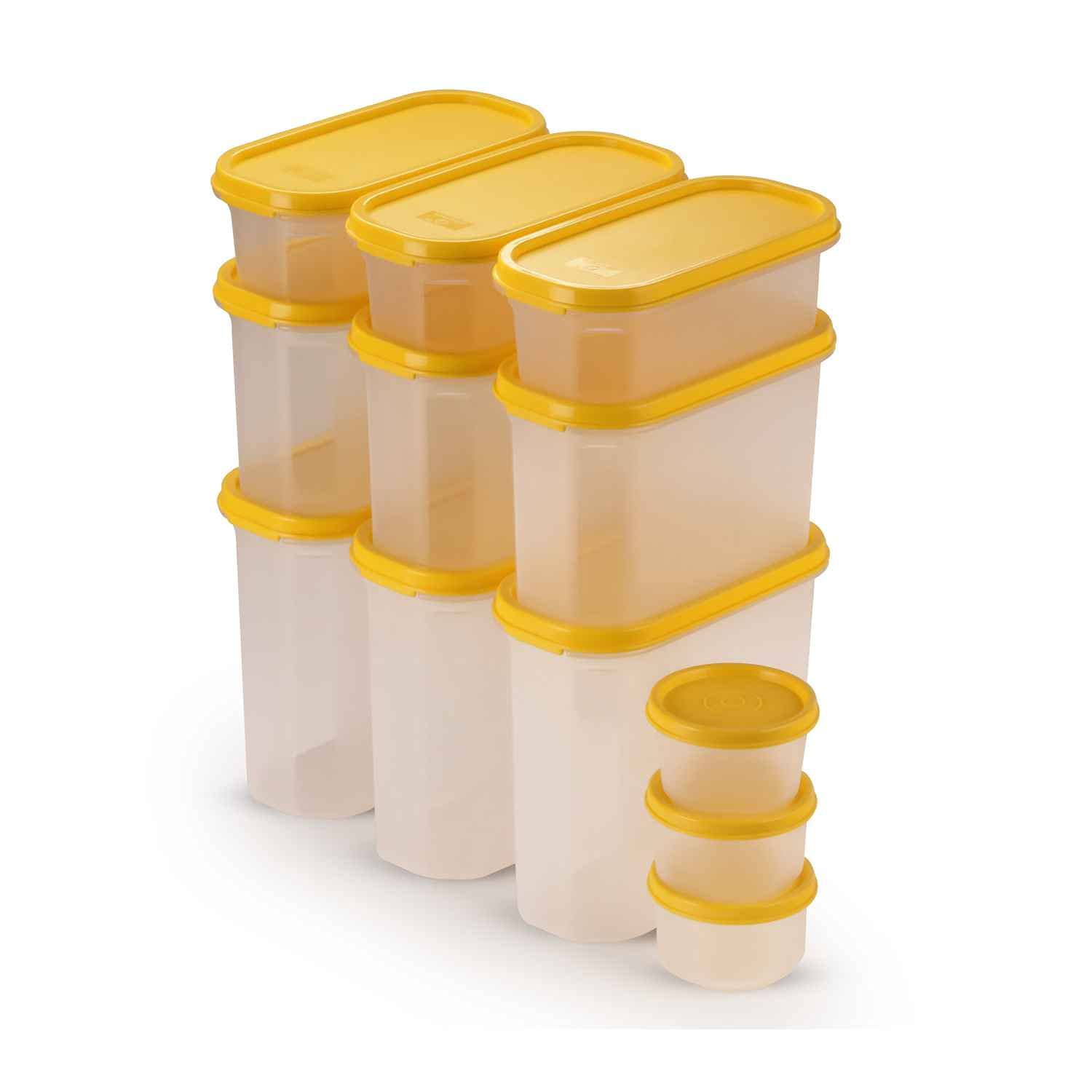 SOPL-OLIVEWARE Modular Storage Containers with Airtight Lid, BPA Free, For Pulses, Rice, Dal & Atta, Set of 12 (3x1800ml, 3x1200ml, 3x600ml & 3x180ml) - Yellow, Plastic