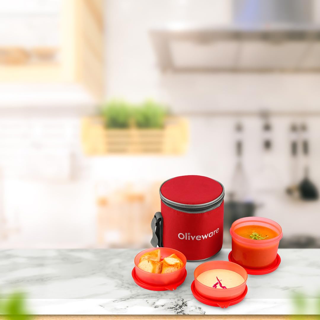 oliveware Lovely Little Plastic Lunch Box, Microwave Safe & Leak Proof, Food Grade BPA Free 3 Containers (290ml, 290ml, 600ml), Fabric Bag - Red