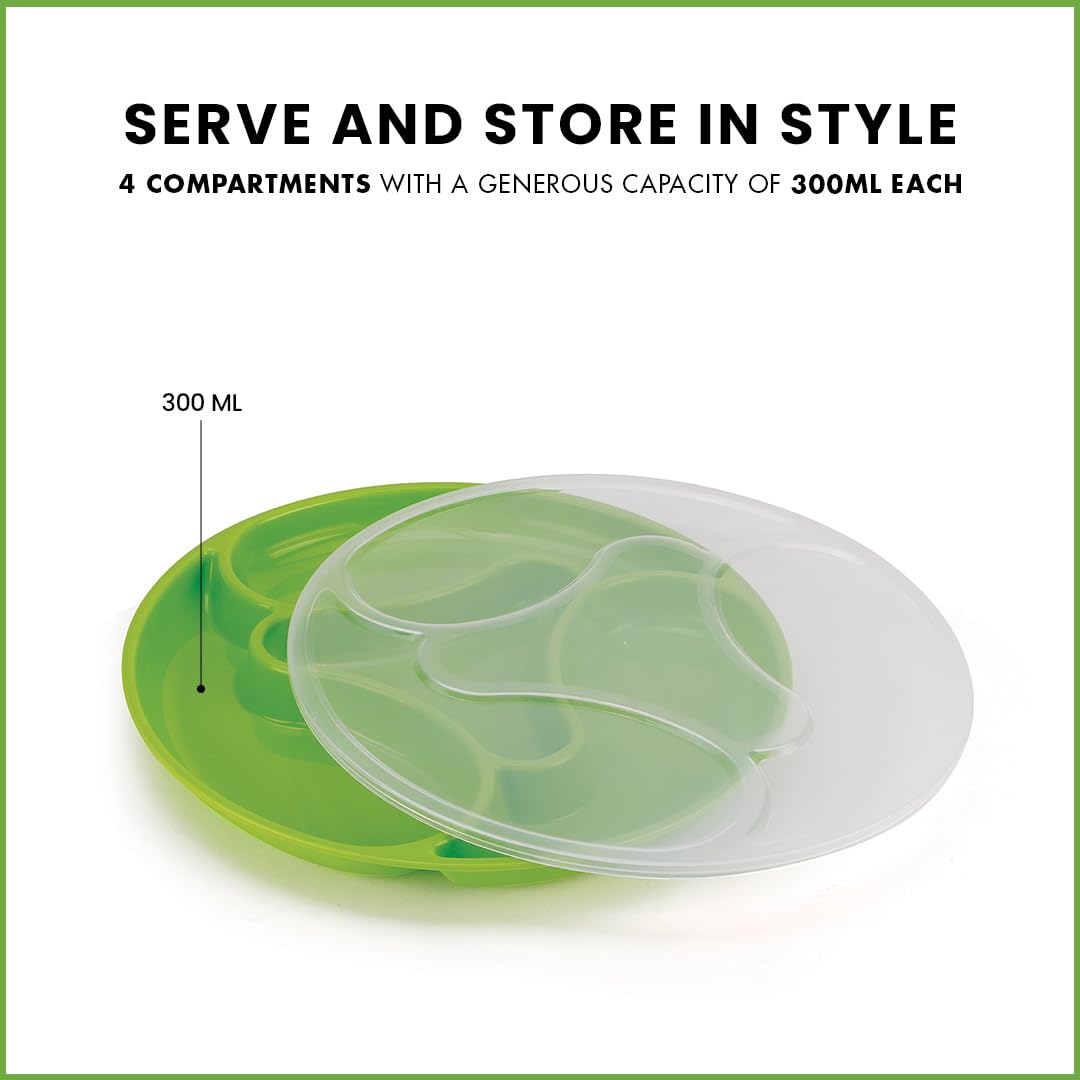 oliveware Majestic Snaks & Dry Fruit Candy Tray with Airtight Lid, BPA Free Plastic, 4 compartments (4x300 ml), Store & Serve - Green