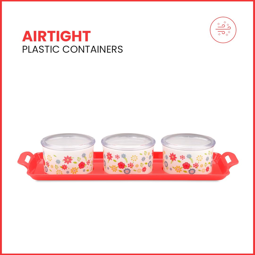 oliveware Venice Dry Fruit Container Tray with Airtight Lid, BPA Free, For Snacks & Dry Fruits, 3 Containers (350ml) each - Red