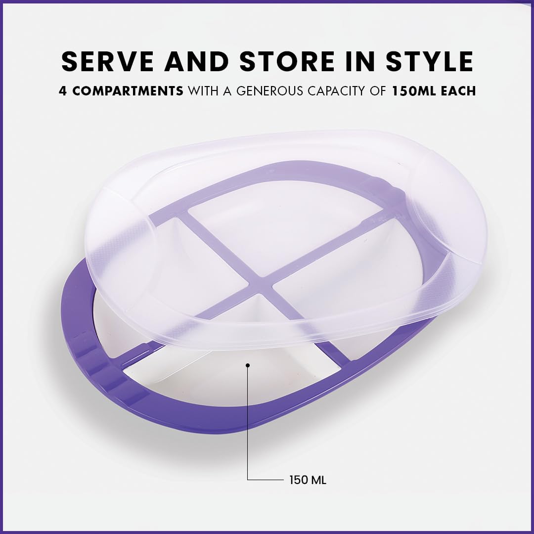 Oliveware Pearl Square Tray with Airtight Lid for Serving Dry Fruits, BPA Free, Storage & Serving Snacks, Dry Fruits, Biscuits, Candy, 4 Compartments (4x150 ml) - Voilet