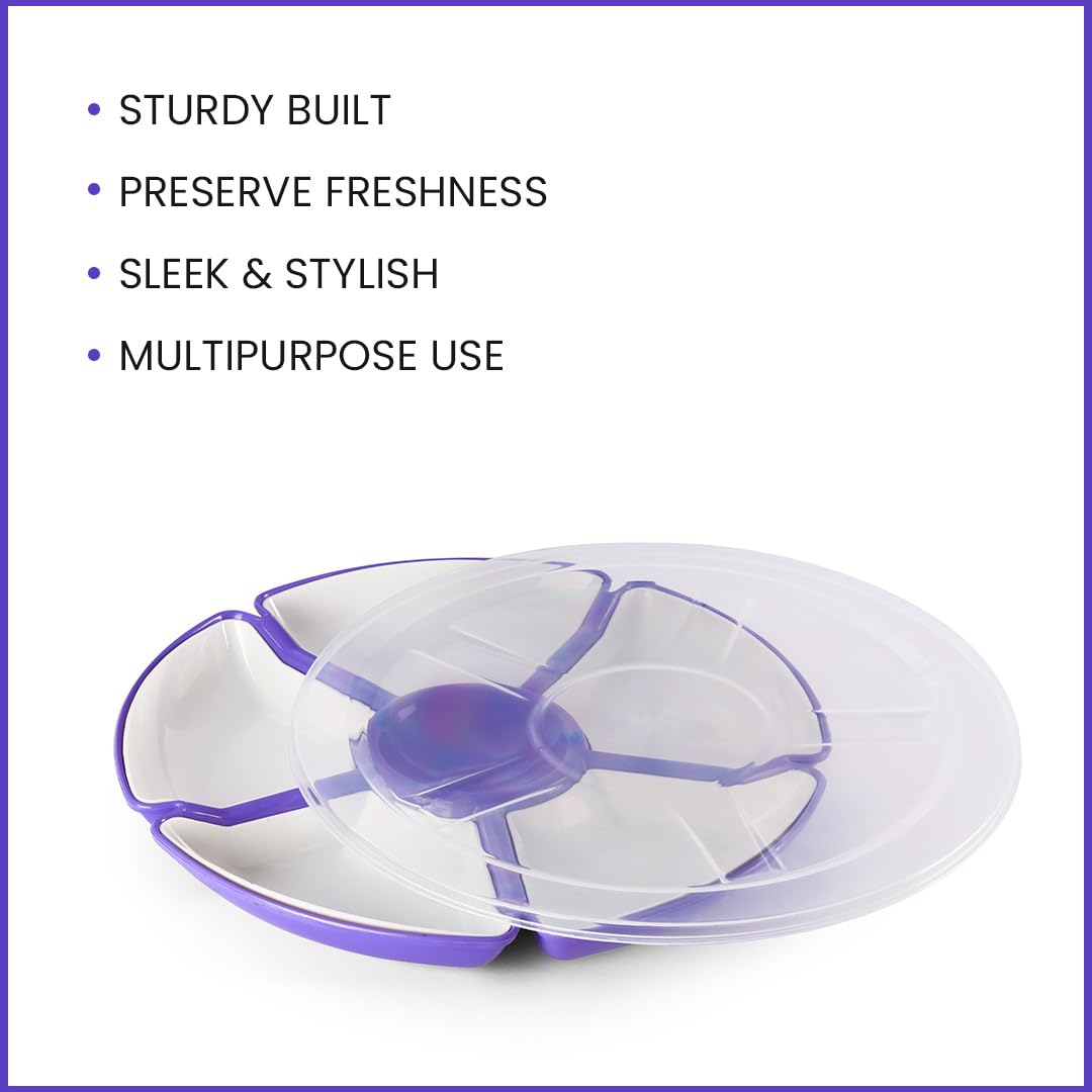 Oliveware Flower Snack Container with 5 Compartments | Storage & Serving Snacks, Dry Fruits, Biscuits, Candy | Hard Plastic | Multi Purpose - Violet