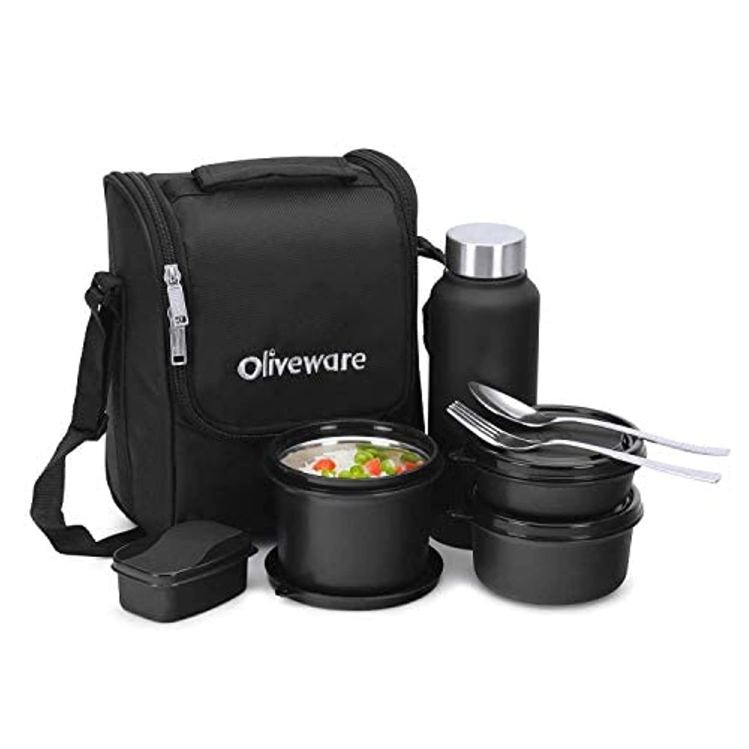 SOPL-OLIVEWARE Teso Pro Lunch Box With Steel Cutlery,3 Microwave Safe Inner Steel Containers With Bpa Free Lids(290Ml,450Ml&600Ml)Plastic Pickle Box(130Ml)Steel Water Bottle(750Ml)-Black,600 ML