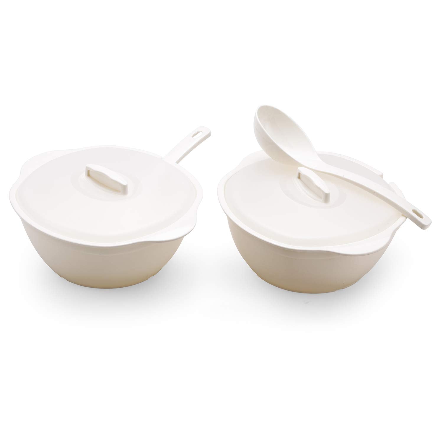 oliveware Diplomat Serving Bowl Set | 2 Bowls With Lid And Serving Spoons | Microwave Safe | For Heating & Serving| For Breakfast, Lunch, Dinner - White (Plastic), 2000 milliliter