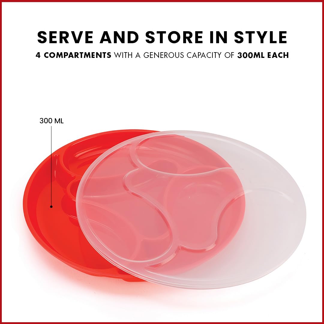 oliveware Majestic Snaks & Dry Fruit Candy Tray with Airtight Lid, BPA Free Plastic, 4 compartments (4x300 ml), Store & Serve - Red