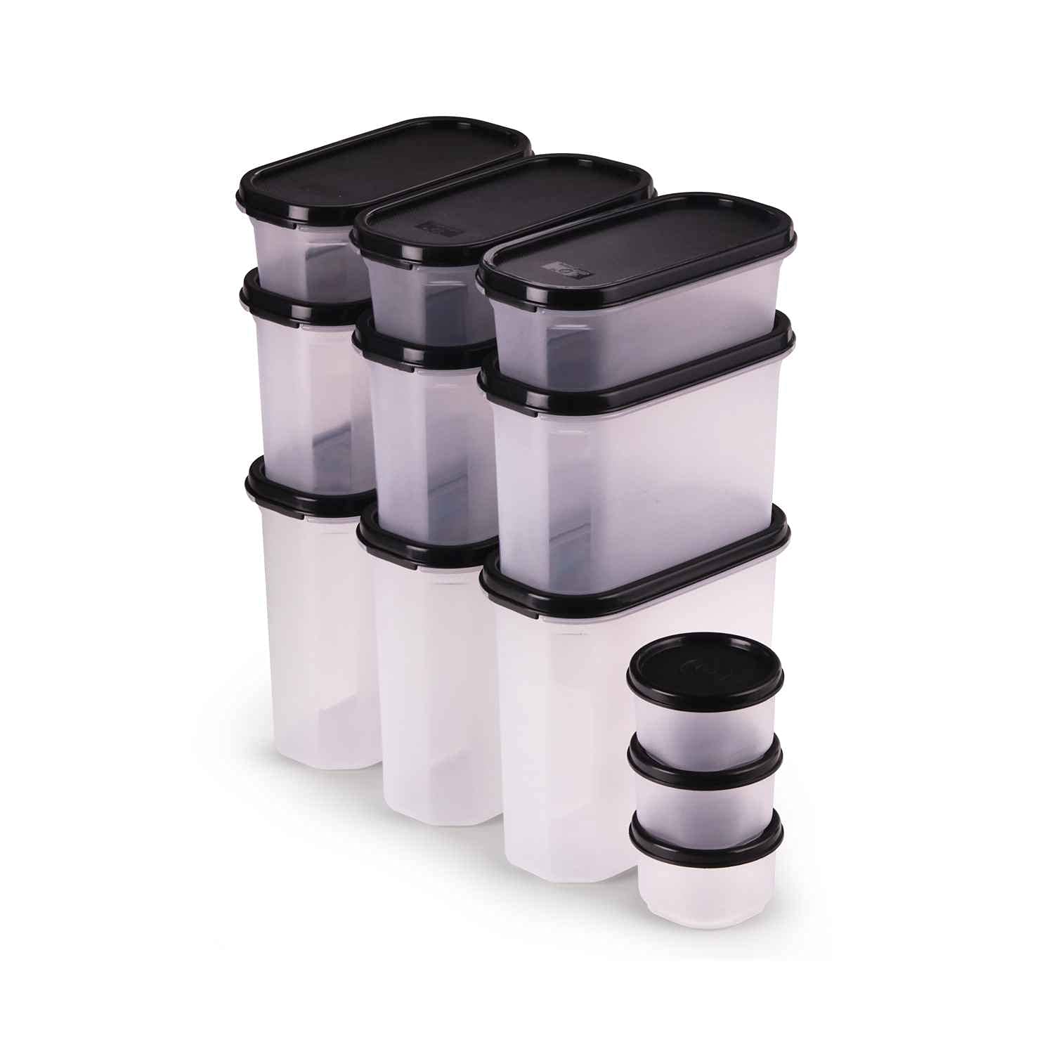 SOPL-OLIVEWARE Modular Storage Containers with Airtight Lid, BPA Free, For Pulses, Rice, Dal & Atta, Set of 12 (3x1800ml, 3x1200ml, 3x600ml & 3x180ml) - Black, Plastic