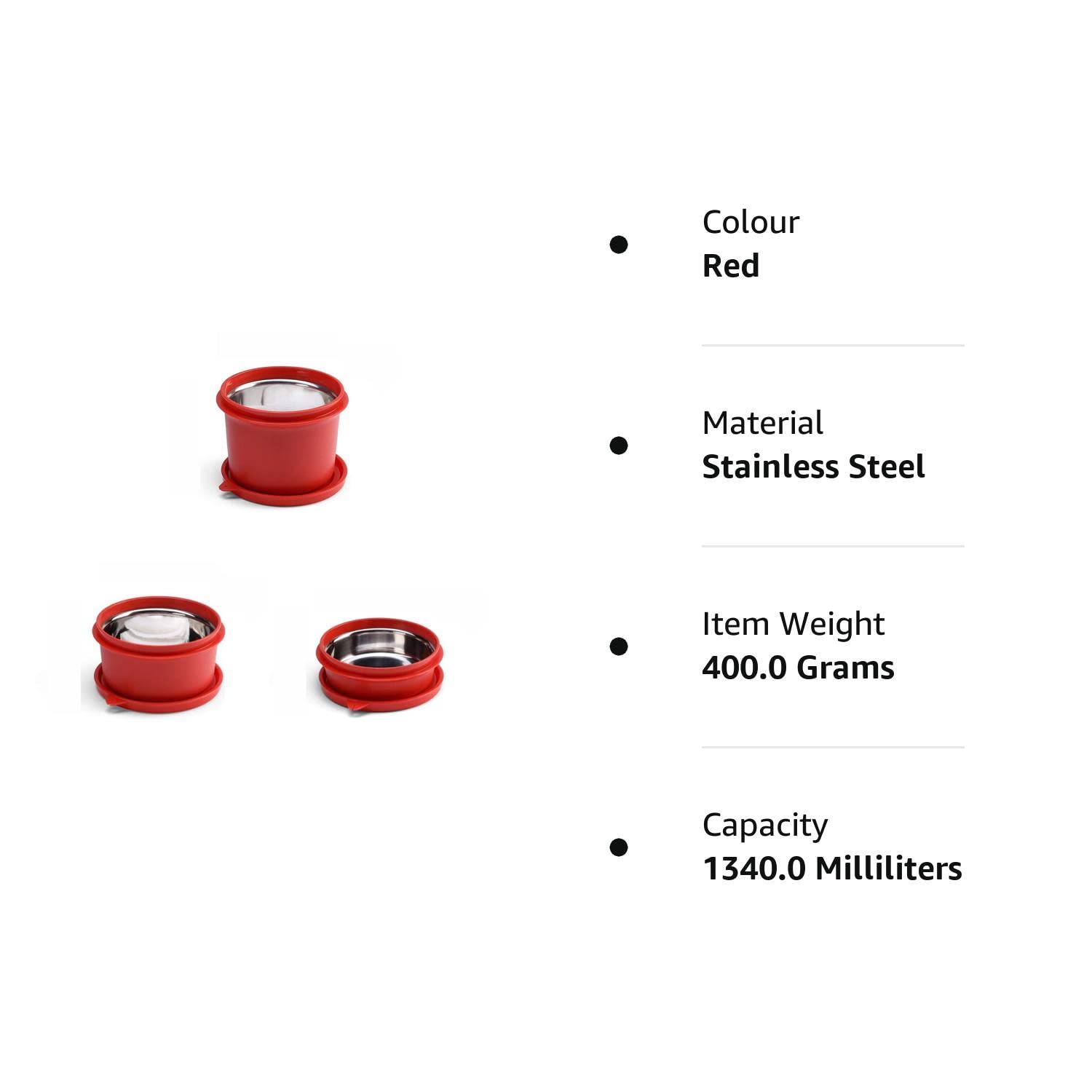 oliveware with Device Stainless Steel Benny Microwave Containers With Bpa Free Airtight Lid, Leak Proof, 3 Inner Steel Container (290 Ml, 450 Ml & 600 Ml), Home & Office Use - Red