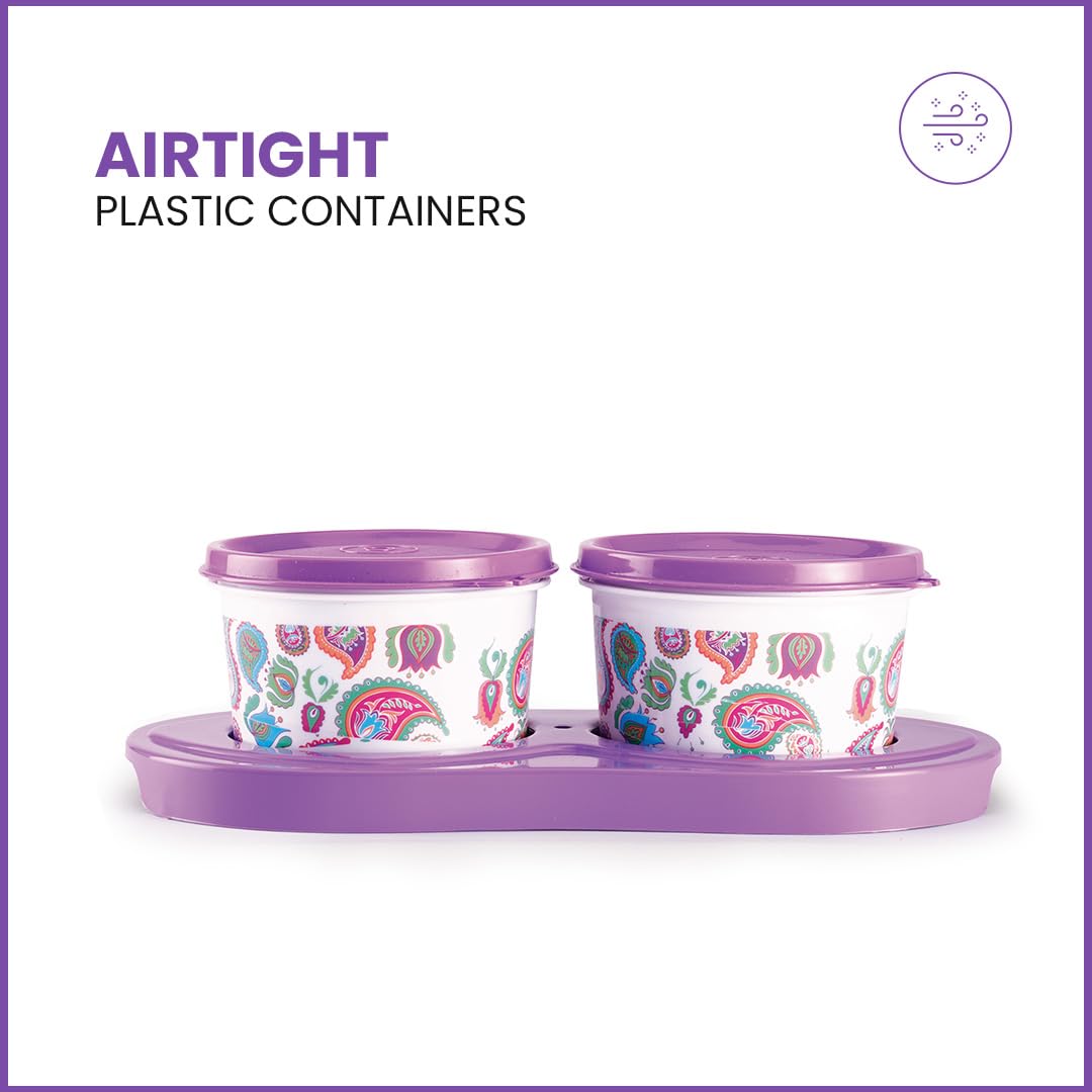 oliveware Breeze Paisley Print Serving Container & Tray with Airtight Lid, BPA Free, 2 Containers (500ml) each, For Snacks & Dry Fruits - Voilet