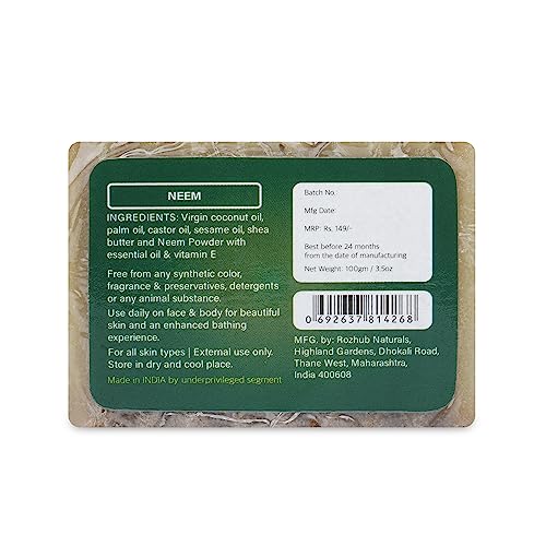 Rozhub Naturals Neem Handmade Soap - Antibacterial and Antifungal Soap for Acne, Eczema, and Other Skin Conditions, 100 Gm (Pack Of 4)