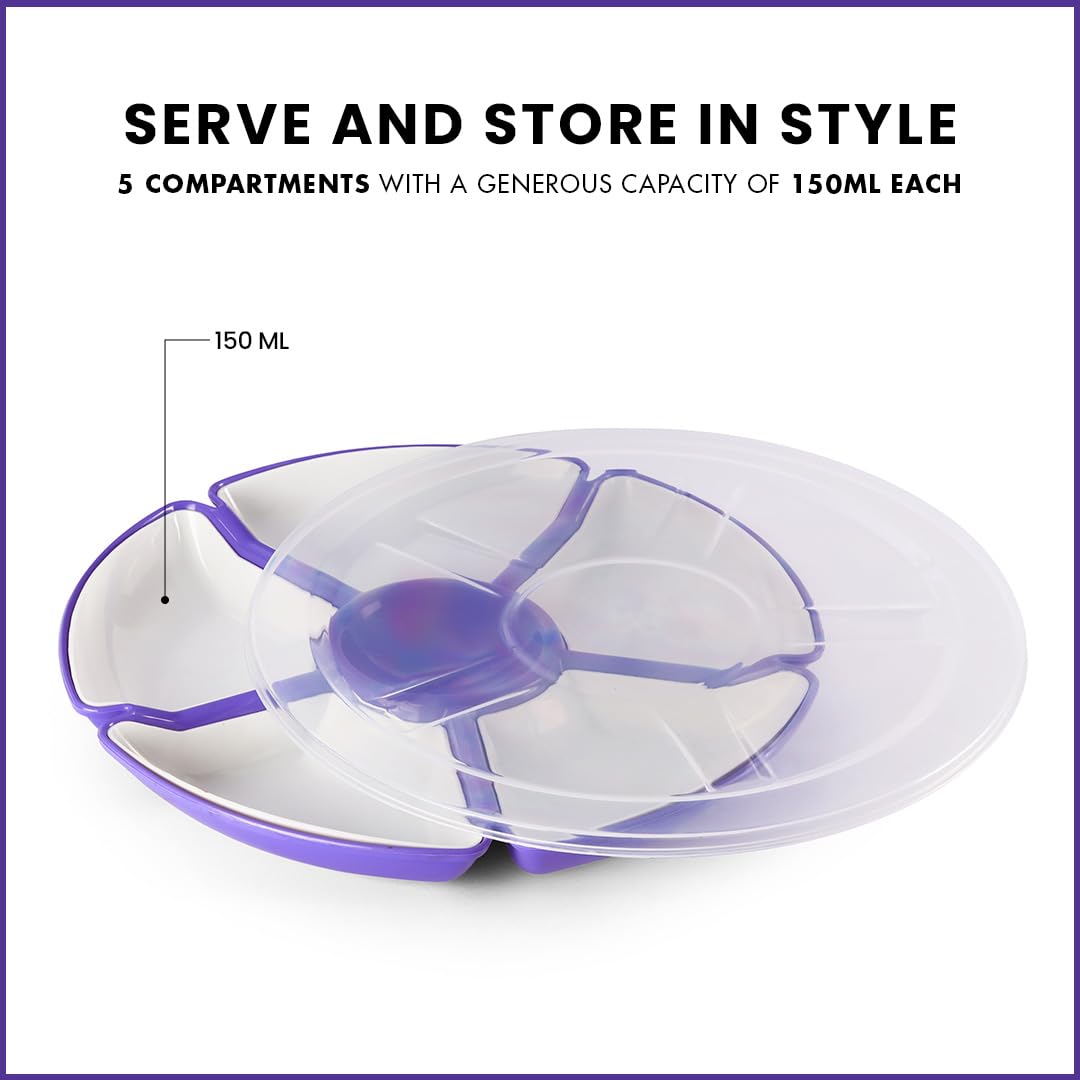 Oliveware Flower Snack Container with 5 Compartments | Storage & Serving Snacks, Dry Fruits, Biscuits, Candy | Hard Plastic | Multi Purpose - Violet