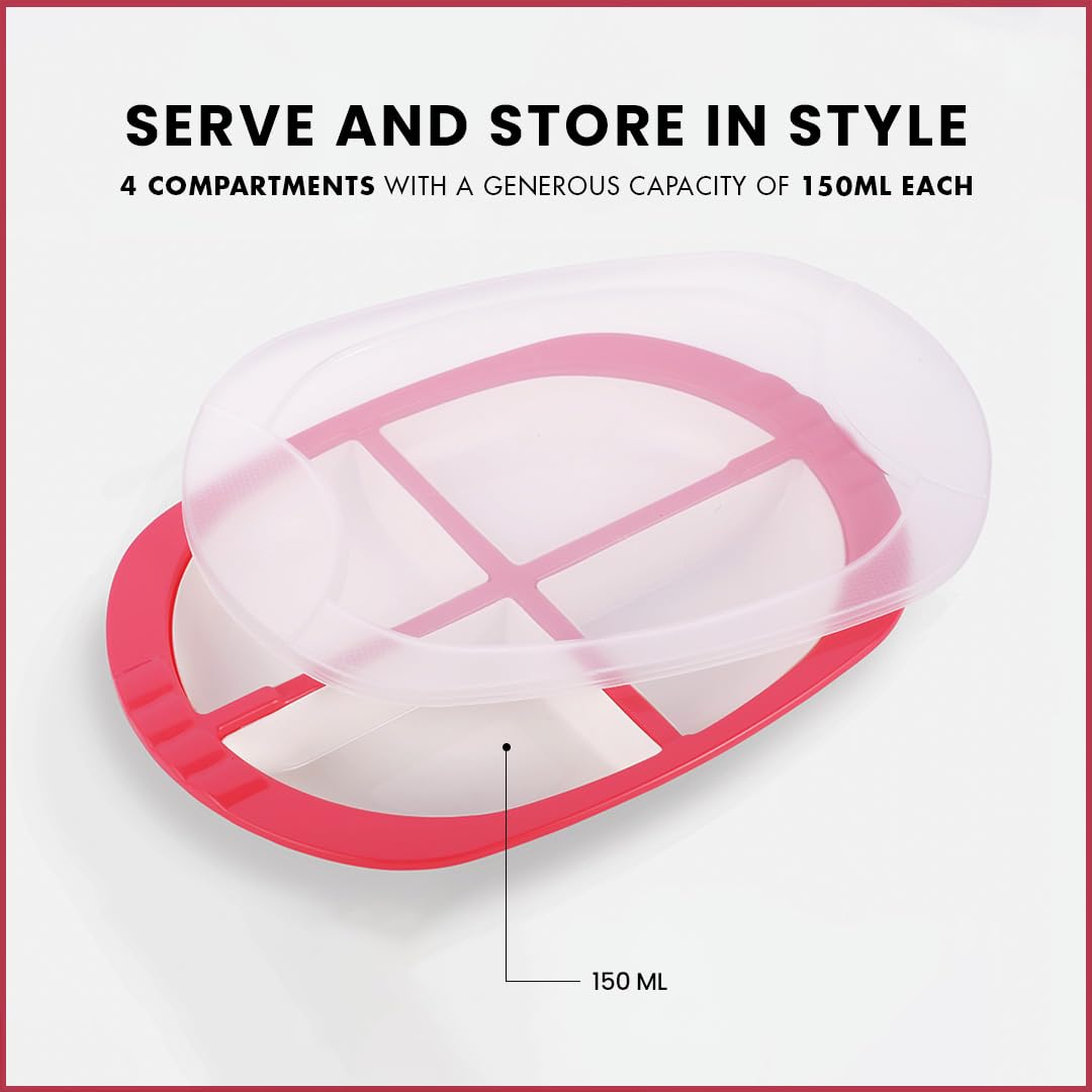 Oliveware Pearl Square Tray with Airtight Lid for Serving Dry Fruits, BPA Free, Storage & Serving Snacks, Dry Fruits, Biscuits, Candy, 4 Compartments (4x150 ml) - Red