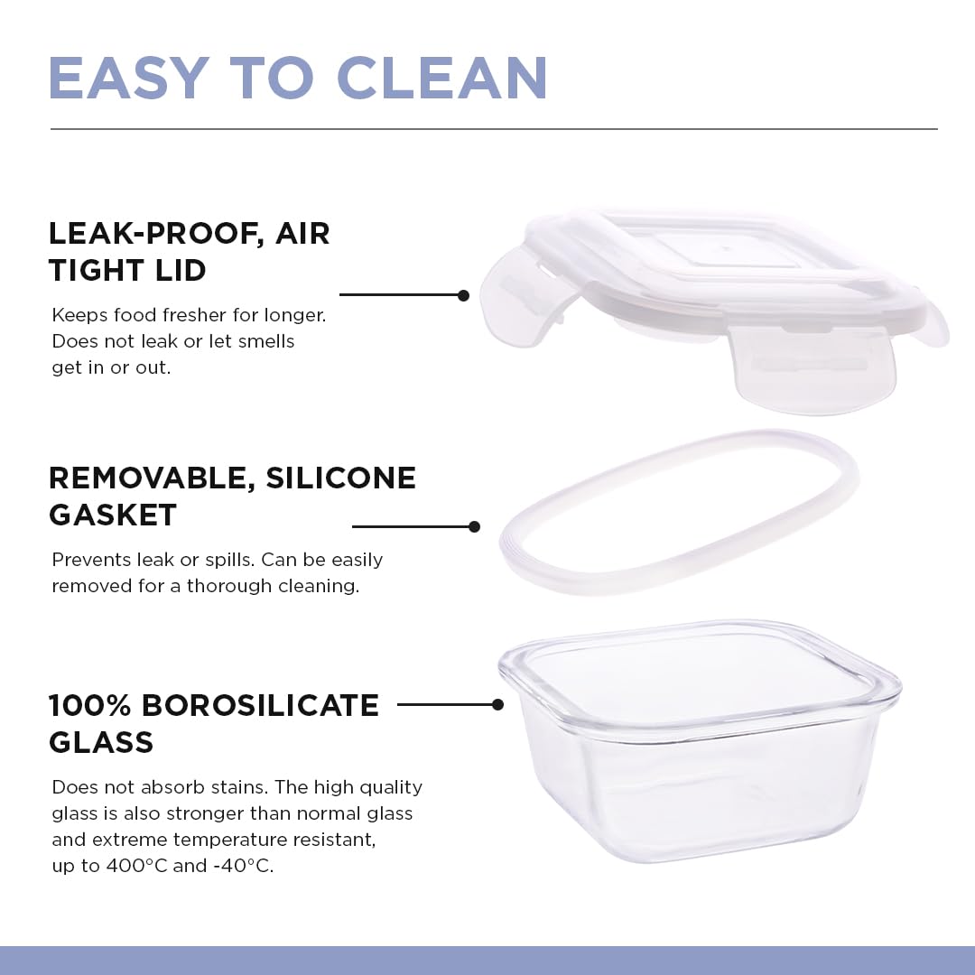 SOPL-OLIVEWARE Executive Glassware Lunchbox, Borosilicate Glass, Microwave & Freezer Safe, Set of 3 with BPA Free Lid (320ml) Each - Blue