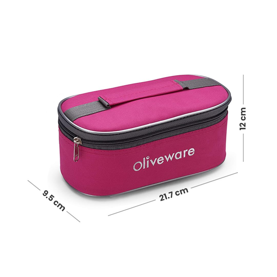 oliveware Double Decker Lunch Box Tiffin, 3 Containers with Plastic Spoon & Fork (300ml, 300ml & 450ml), 100% Leak Proof & BPA Free - Pink