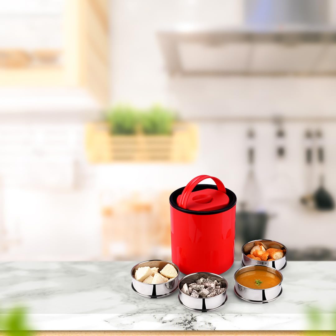 Oliveware - Royal Red Stainless Steel Lunch Box - 4 Containers Set | Offiice and Bulk Use | with Container | Full Meal | Handle to Carry with Compartments