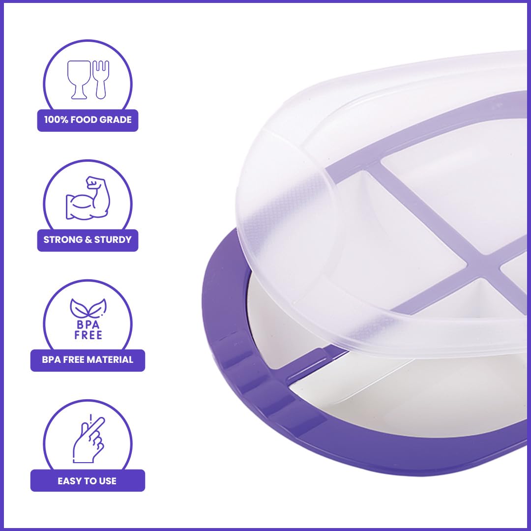 Oliveware Pearl Square Tray with Airtight Lid for Serving Dry Fruits, BPA Free, Storage & Serving Snacks, Dry Fruits, Biscuits, Candy, 4 Compartments (4x150 ml) - Voilet