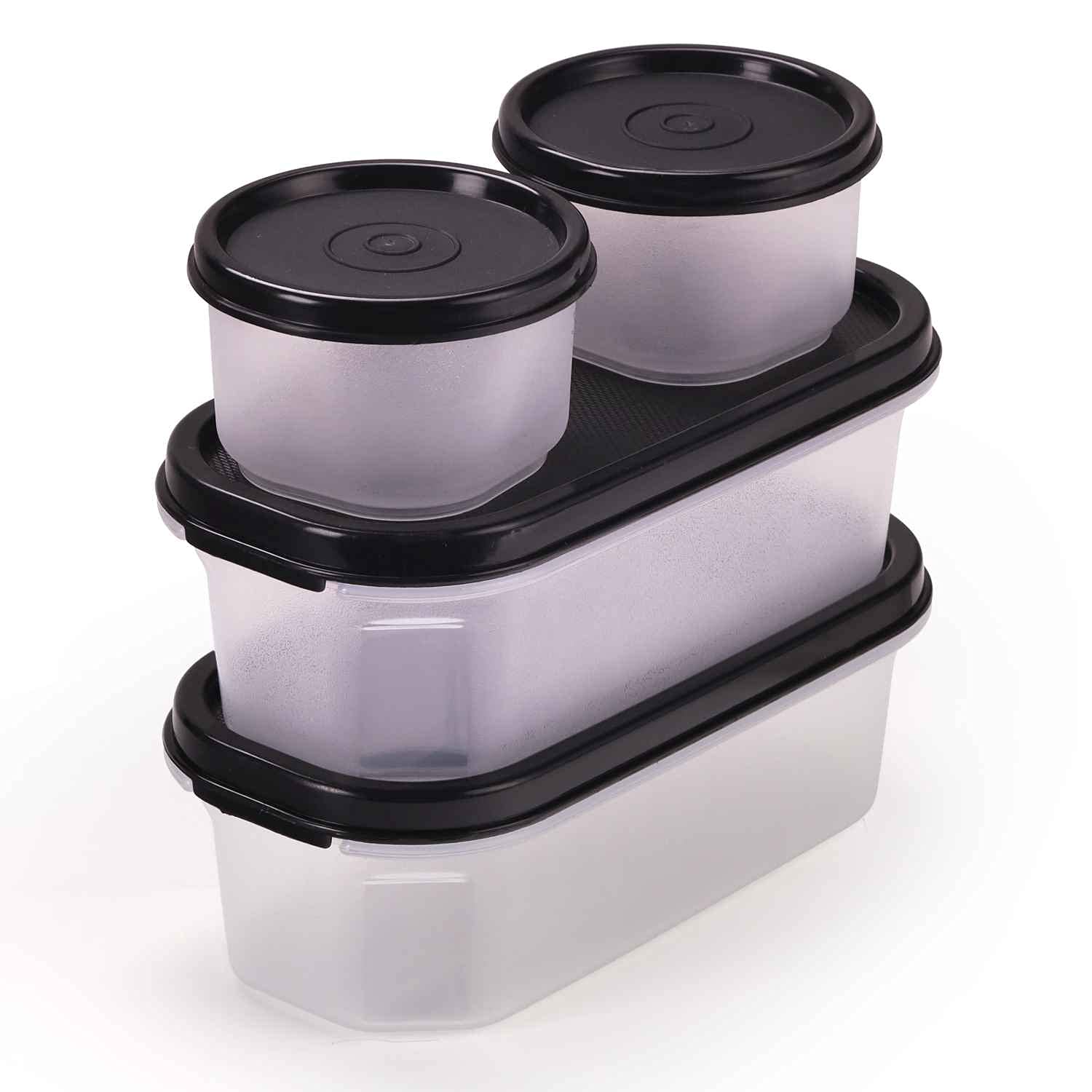 Oliveware Modular Storage Containers with Airtight Lid, BPA Free, For Pulses, Rice, Dal & Atta, Set of 4 (2x600ml, 2x180ml) - Black