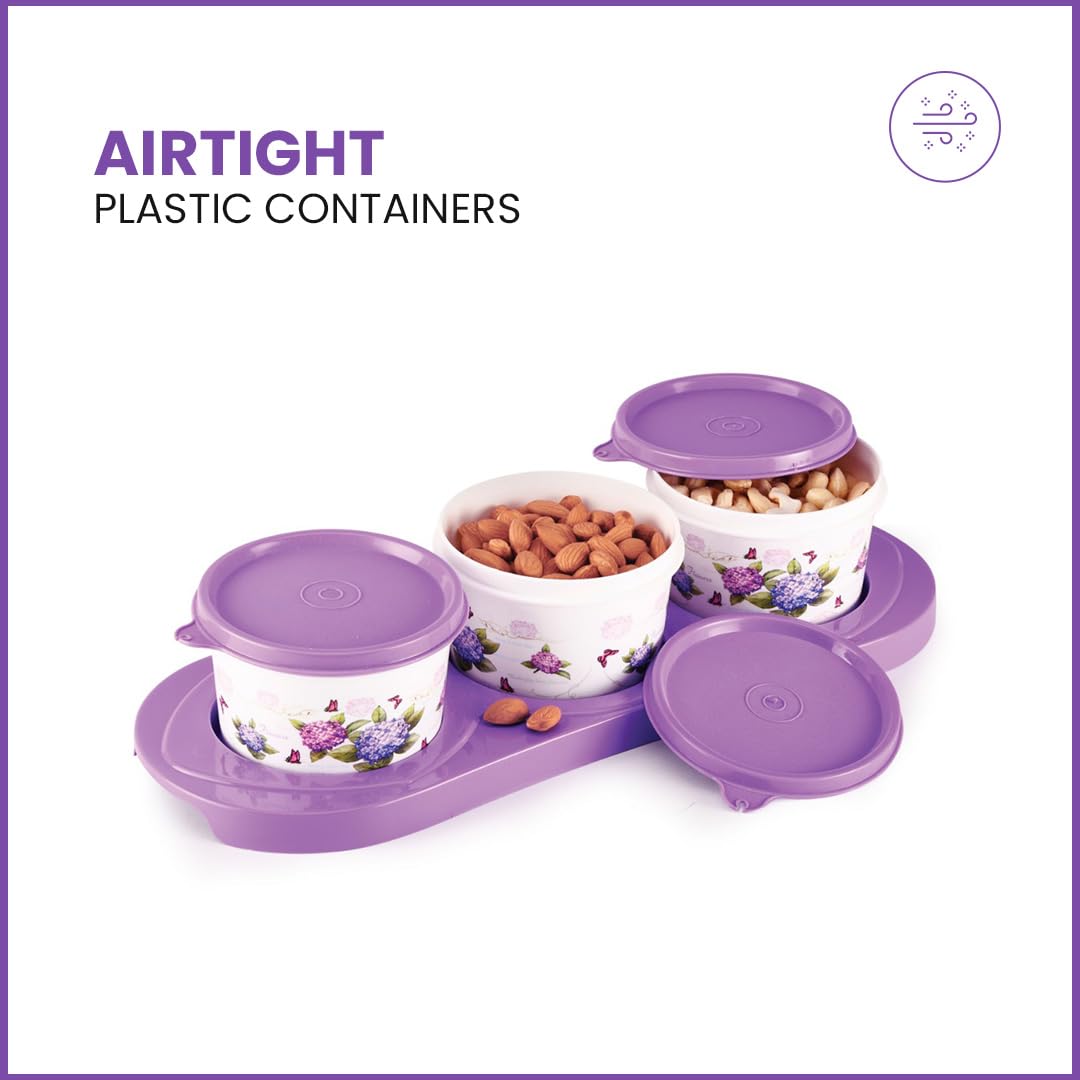 oliveware Ruby Dry Fruit Container Tray with Airtight Lid, BPA Free, For Snacks & Dry Fruits, 3 Containers (450ml) each - Voilet