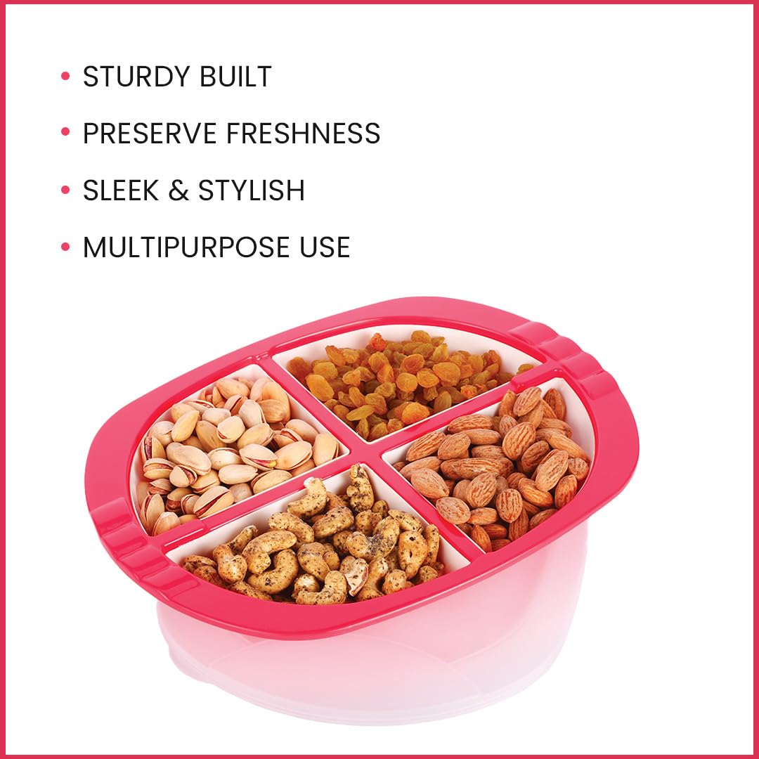Oliveware Pearl Square Tray with Airtight Lid for Serving Dry Fruits, BPA Free, Storage & Serving Snacks, Dry Fruits, Biscuits, Candy, 4 Compartments (4x150 ml) - Red