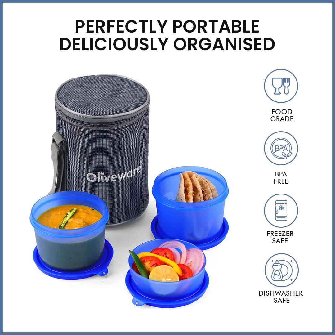 oliveware Easy Meal Plastic Lunch Box with Insulated Fabric Bag, BPA Free & Leak Proof, Set of 3 (290ml, 600ml, 600ml), Full Meal - Blue