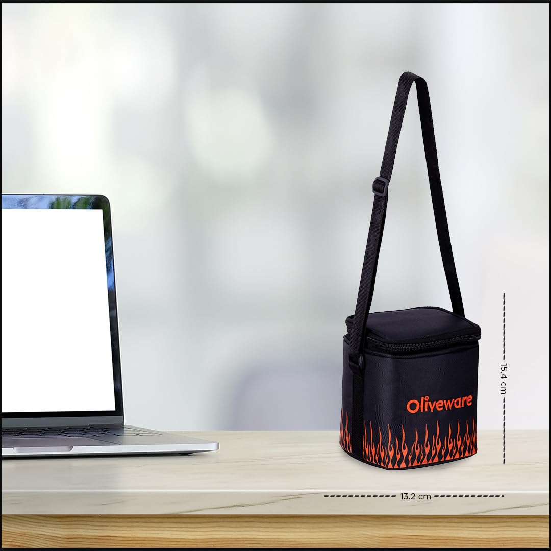 SOPL-OLIVEWARE Blaze Glassware Lunchbox with Napkin, Borosilicate Glass & Microwave Proof, Safety Lock Airtight Square Tiffin Storage, 2 Container in 320 ml Each - Black_Orange