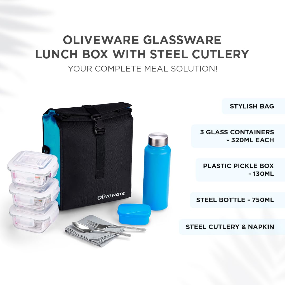 SOPL-OLIVEWARE Crystal Lunch Box with Steel Cutlery, BPA Free Lids, 3 Microwave Safe Glass Containers(3 * 320Ml Each), Plastic Pickle Box (130ml), Steel Water Bottle(750ml)