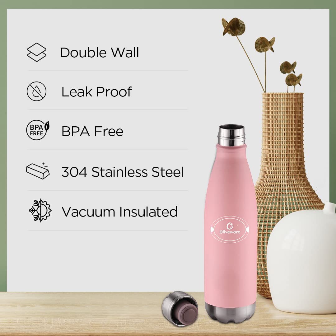 SOPL-OLIVEWARE Sigma Vacuum Double Wall Bottle, Stainless Steel, Hot & Cold, Insulated Bottle, Fit for Indoor & Outdoors (500 Ml, Pink)