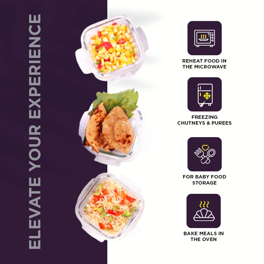 SOPL-OLIVEWARE Spyker Glassware Square Lunchbox, Borosilicate Glass Containers, Microwave Safe & Leak Proof, 3 Containers with BPA Free Lids (320ml) Each - Voilet