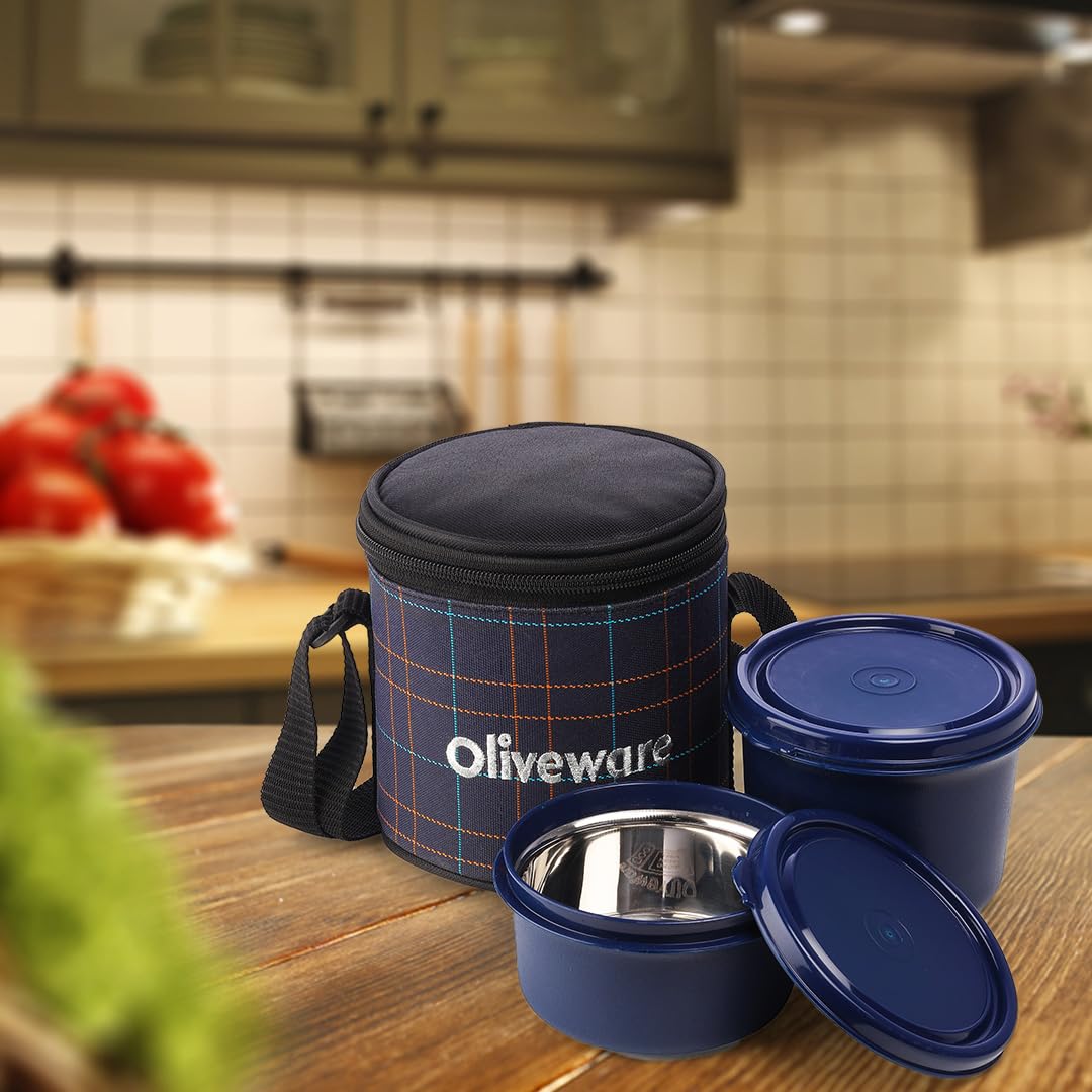 SOPL-OLIVEWARE Cleo Lunch Box, Microwave Safe & Leak Proof, 2 Inside Steel Containers with BPA Free Airtight Lids (450ml & 600ml), with Fabric Bag - Blue