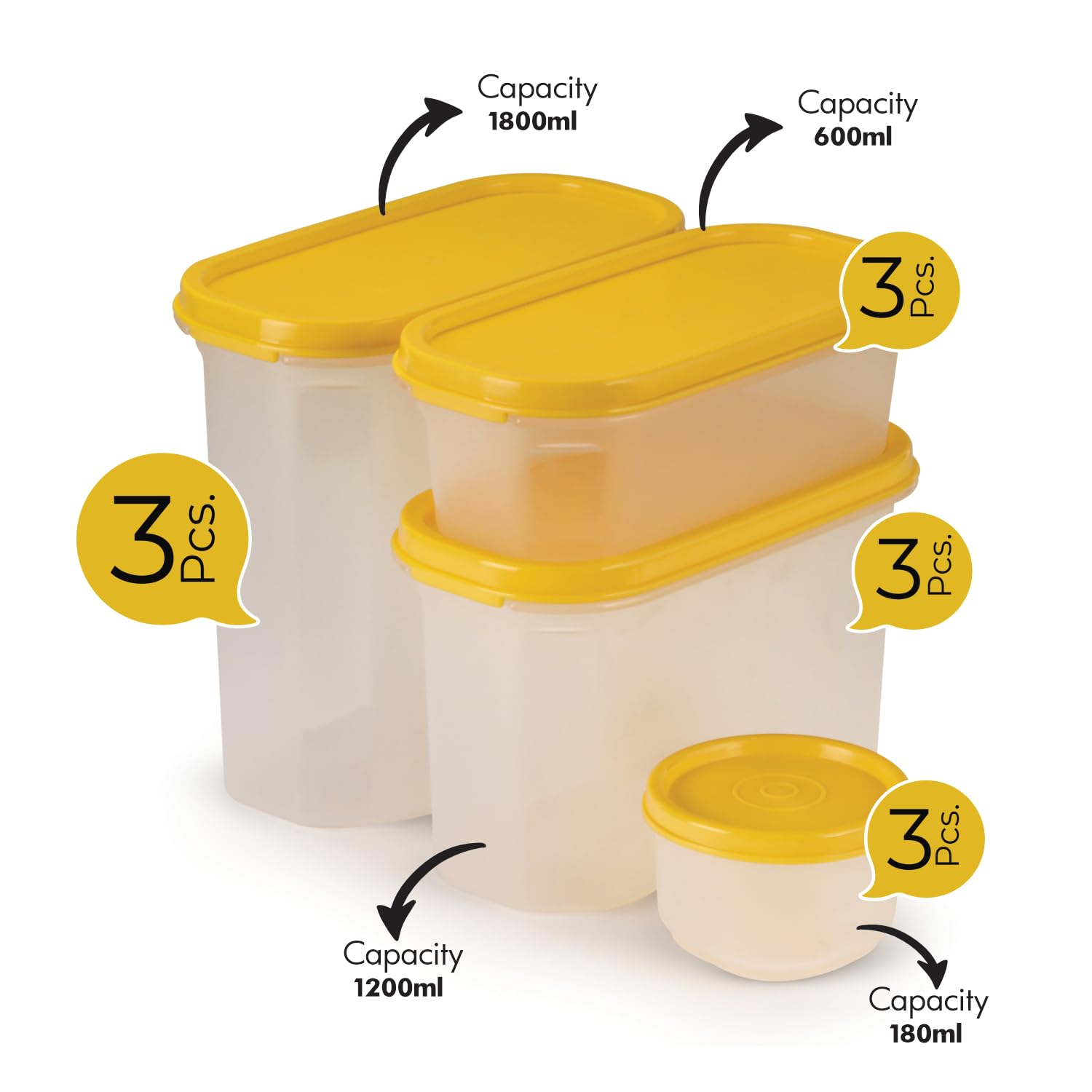 SOPL-OLIVEWARE Modular Storage Containers with Airtight Lid, BPA Free, For Pulses, Rice, Dal & Atta, Set of 12 (3x1800ml, 3x1200ml, 3x600ml & 3x180ml) - Yellow, Plastic