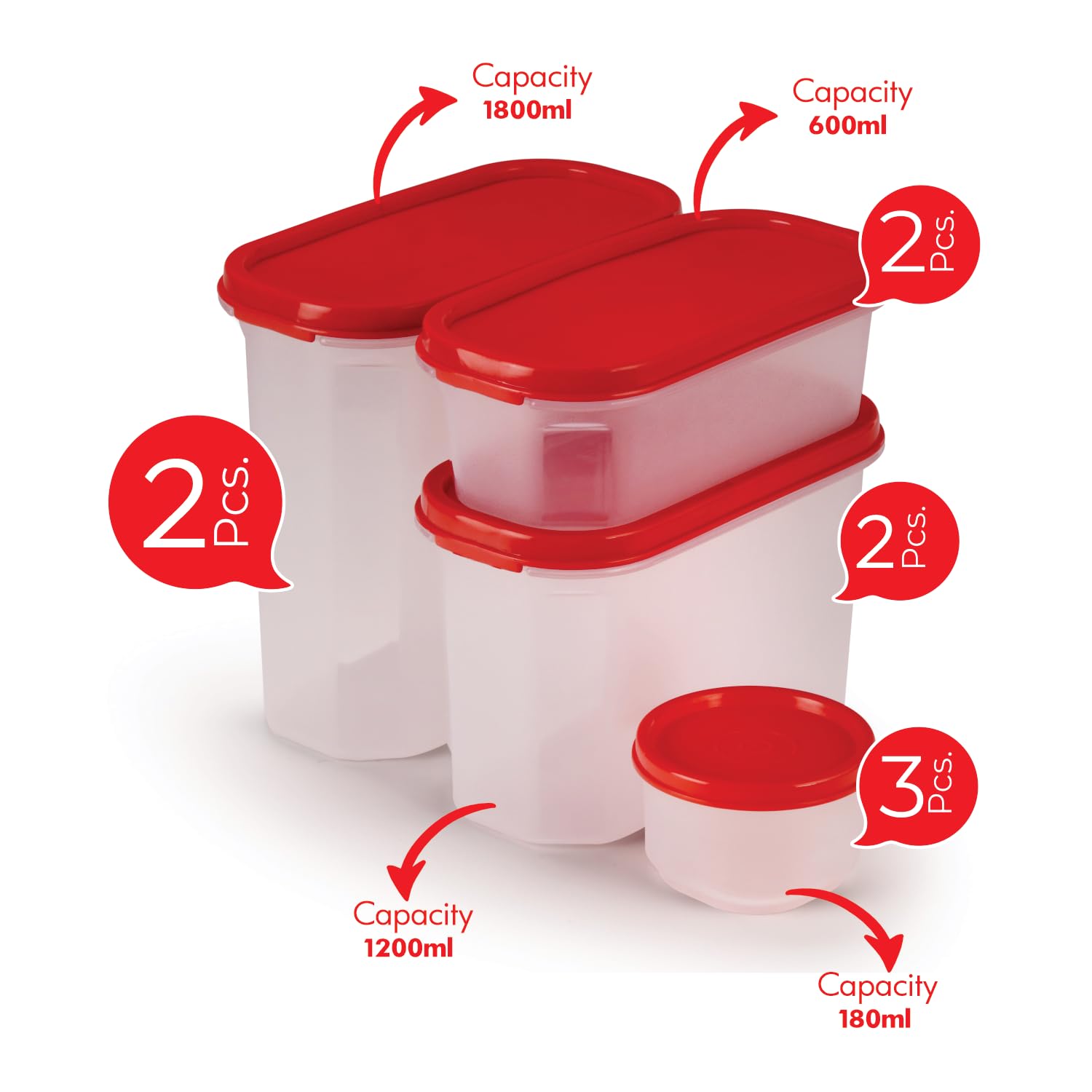 SOPL-OLIVEWARE Modular Storage Containers, BPA Free, For Pulses, Dal, Atta & Flour, Set of 9 (2x1800ml, 2x1200ml, 2x600ml, 3x180ml) - Red, Plastic