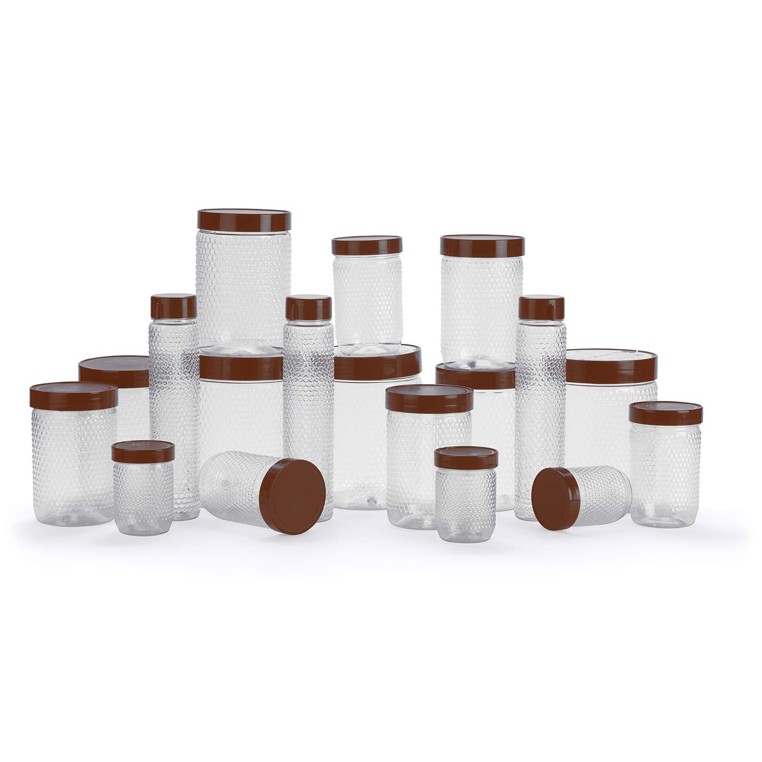 oliveware Honeycomb Range Kitchen Container, Air Tight Storage with Fridge Bottles, BPA Free, Set of 18 (15 Boxes + 3 Water Bottles) - Brown