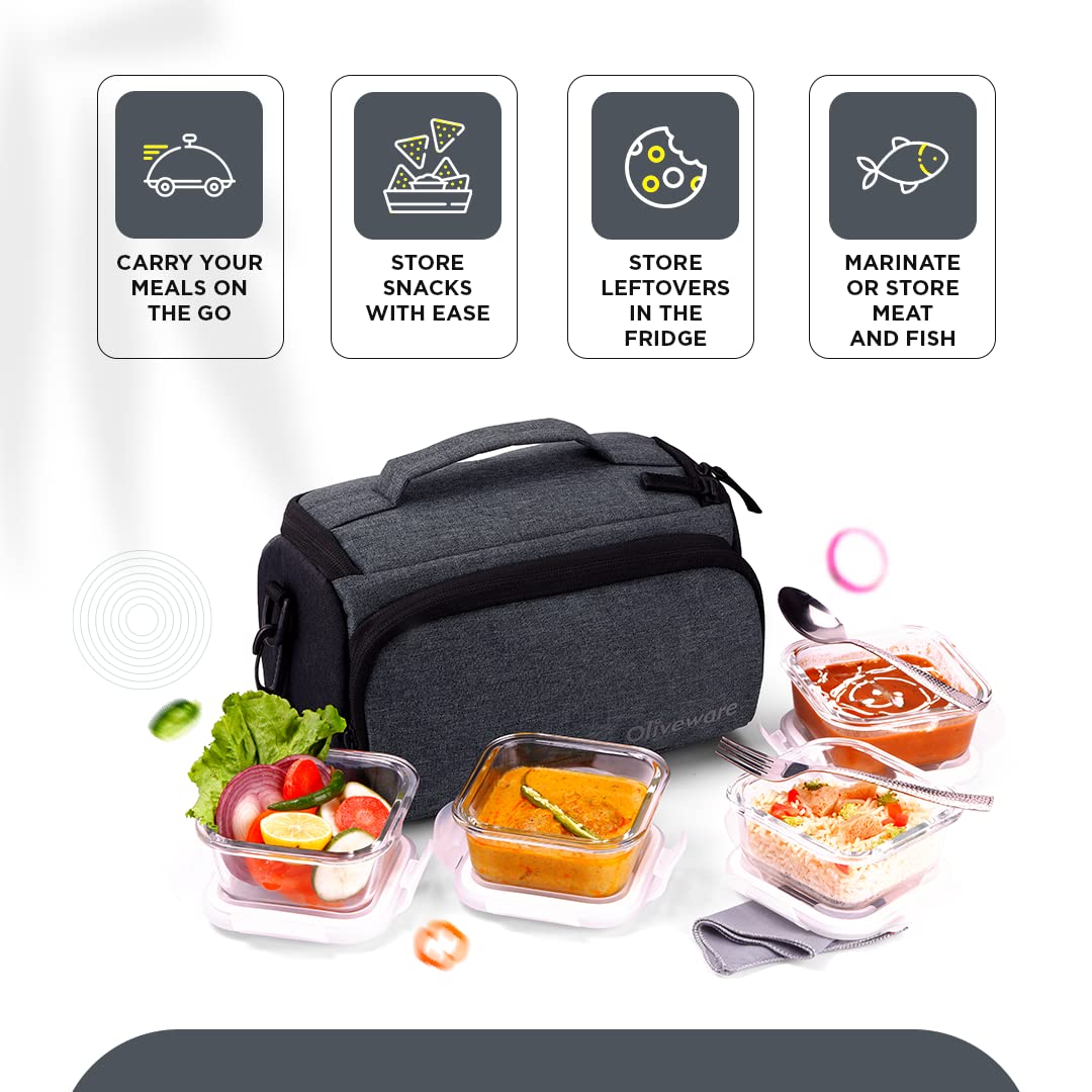 SOPL-OLIVEWARE Elite Glassware Sqaure Lunchbox, Napkin & Steel Cutlery, Borosilicate Glass & Microwave Proof, 4 Cointainer with 320ml Each - Grey