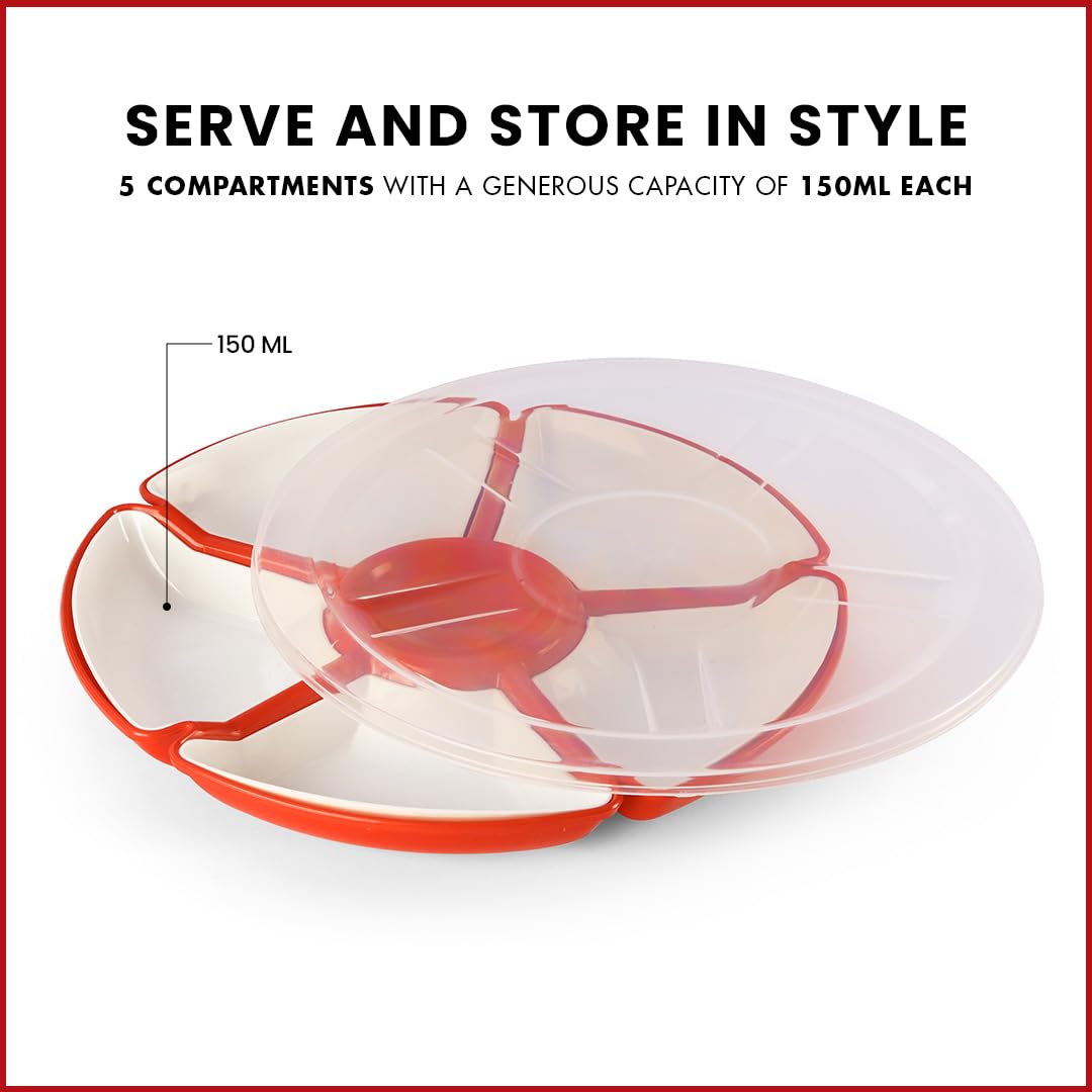 Oliveware Flower Snack Container with 5 Compartments | Storage & Serving Snacks, Dry Fruits, Biscuits, Candy | Hard Plastic | Multi Purpose - Red