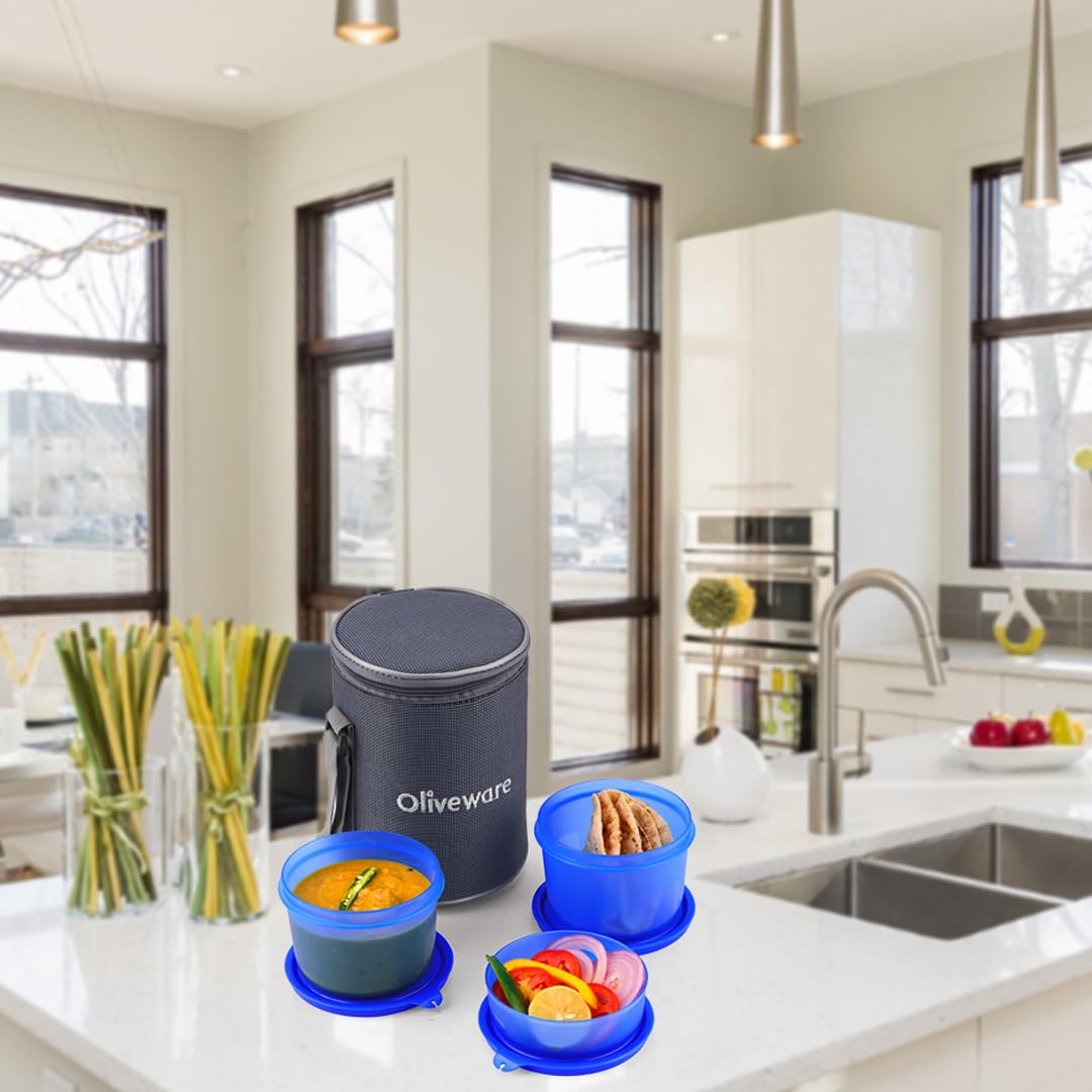 oliveware Easy Meal Plastic Lunch Box with Insulated Fabric Bag, BPA Free & Leak Proof, Set of 3 (290ml, 600ml, 600ml), Full Meal - Blue