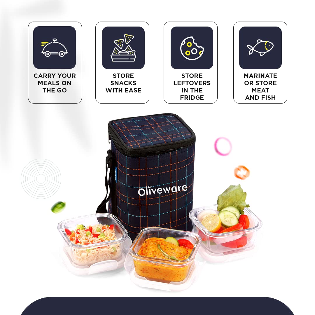 SOPL-OLIVEWARE Spyker Glassware Square Lunchbox, Borosilicate Glass Containers, Microwave Safe & Leak Proof, 3 Containers with BPA Free Lids (320ml) Each - Blue