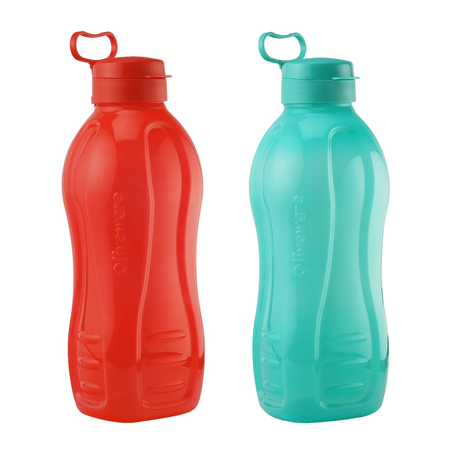 oliveware Jumbo 2 Litre Water Bottle, 100% Leak Proof, BPA Free Premium Plastic Bottle, for Home, Office & Gym, Sturdy with Holder, Pack of 2 (Red & Blue)