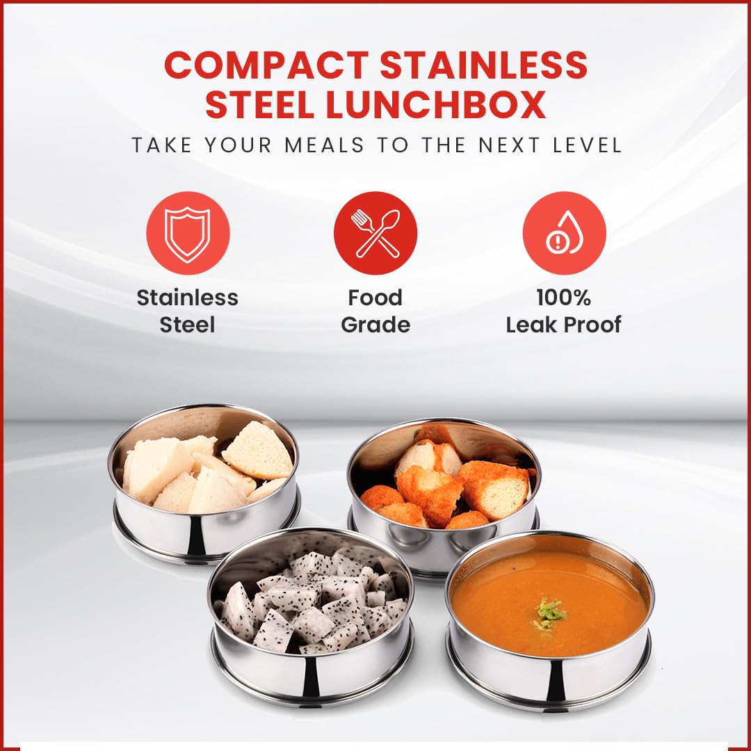 Oliveware - Royal Red Stainless Steel Lunch Box - 4 Containers Set | Offiice and Bulk Use | with Container | Full Meal | Handle to Carry with Compartments