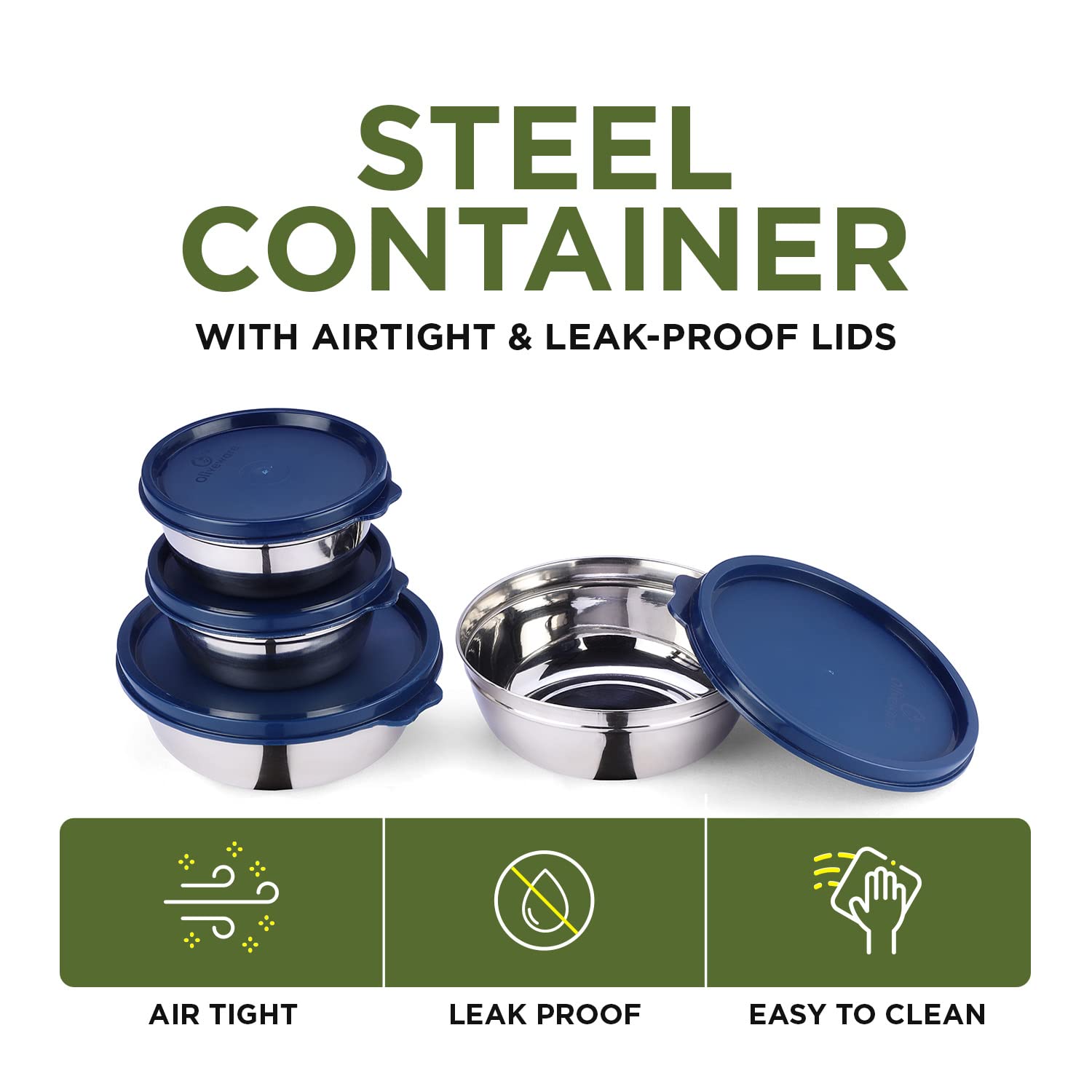 oliveware Elegant Combo Storage Containers, 100% Leak Proof and Dishwasher Safe, 4 Stainless Steel Containers with BPA Free Lid (2x450ml & 2x250ml) - Blue