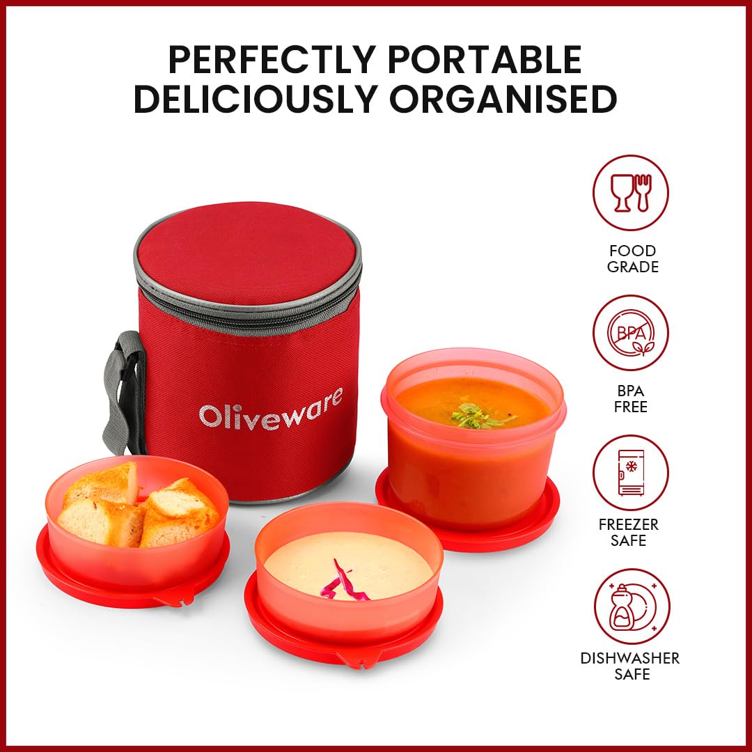 oliveware Lovely Little Plastic Lunch Box, Microwave Safe & Leak Proof, Food Grade BPA Free 3 Containers (290ml, 290ml, 600ml), Fabric Bag - Red