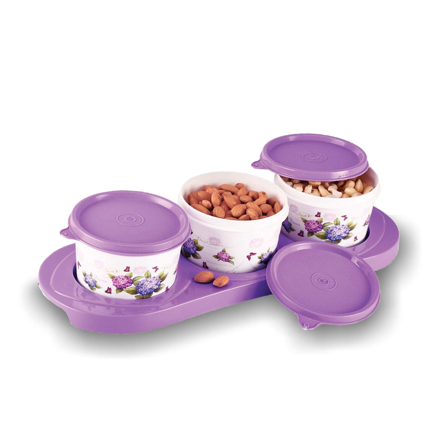 oliveware Ruby Dry Fruit Container Tray with Airtight Lid, BPA Free, For Snacks & Dry Fruits, 3 Containers (450ml) each - Voilet