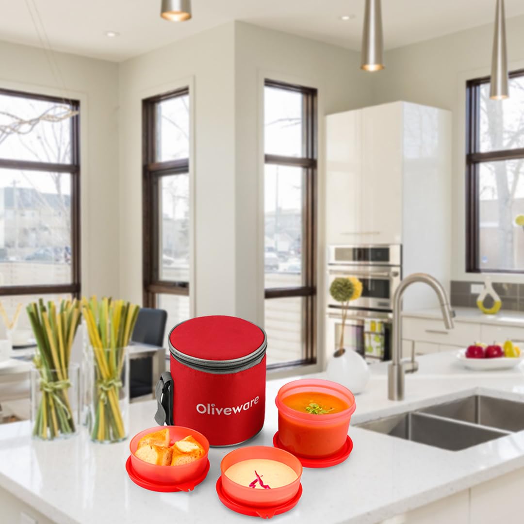 oliveware Lovely Little Plastic Lunch Box, Microwave Safe & Leak Proof, Food Grade BPA Free 3 Containers (290ml, 290ml, 600ml), Fabric Bag - Red