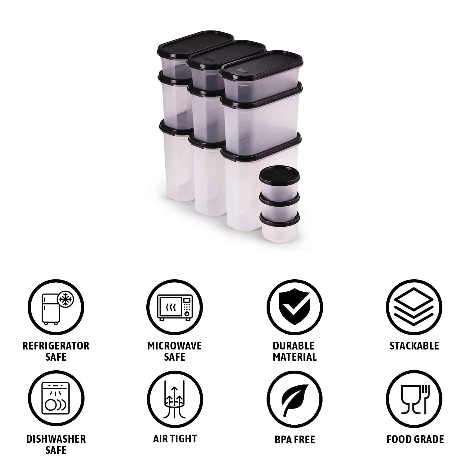 SOPL-OLIVEWARE Modular Storage Containers with Airtight Lid, BPA Free, For Pulses, Rice, Dal & Atta, Set of 12 (3x1800ml, 3x1200ml, 3x600ml & 3x180ml) - Black, Plastic