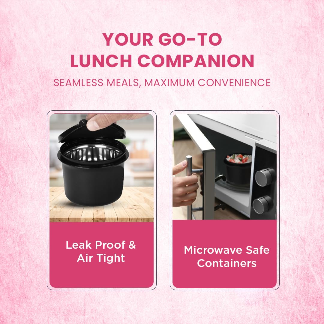 oliveware Double Decker Lunch Box Tiffin, 3 Containers with Plastic Spoon & Fork (300ml, 300ml & 450ml), 100% Leak Proof & BPA Free - Pink