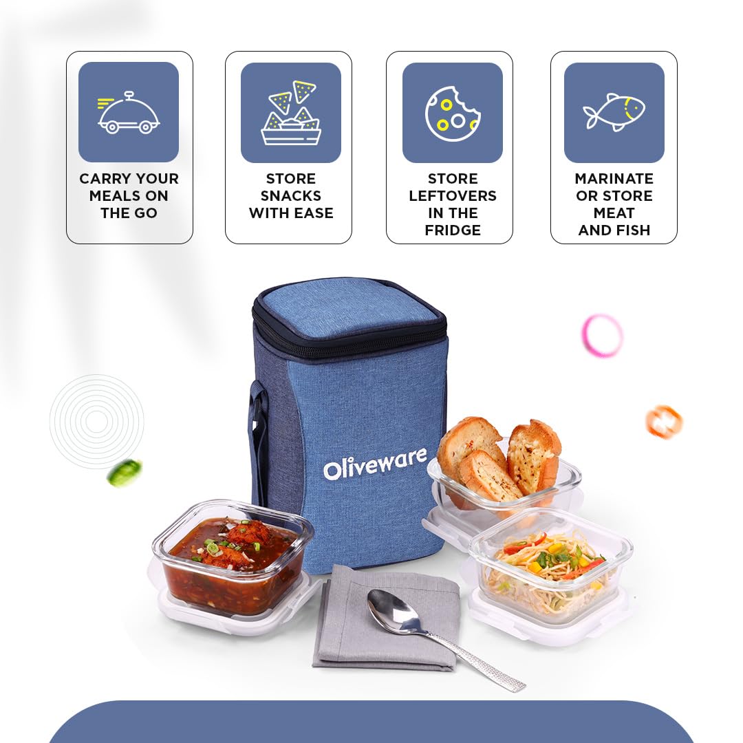 SOPL-OLIVEWARE Eathen Glass Lunch Box with Steel Spoon & Napkin, Microwave Safe, Borosilicate Glass Containers, Set of 3 (320ml Each), Fabric Bag - Blue