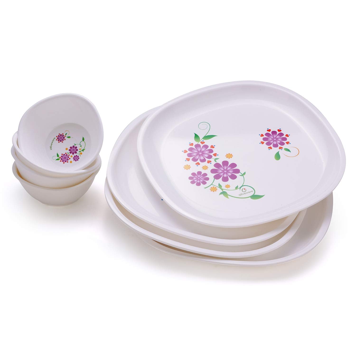 oliveware Flora Dinner Set 4 Plates + 4 Bowls Microwave Dishwasher Safe for Heating & Serving for Breakfast - Purple (Plastic)