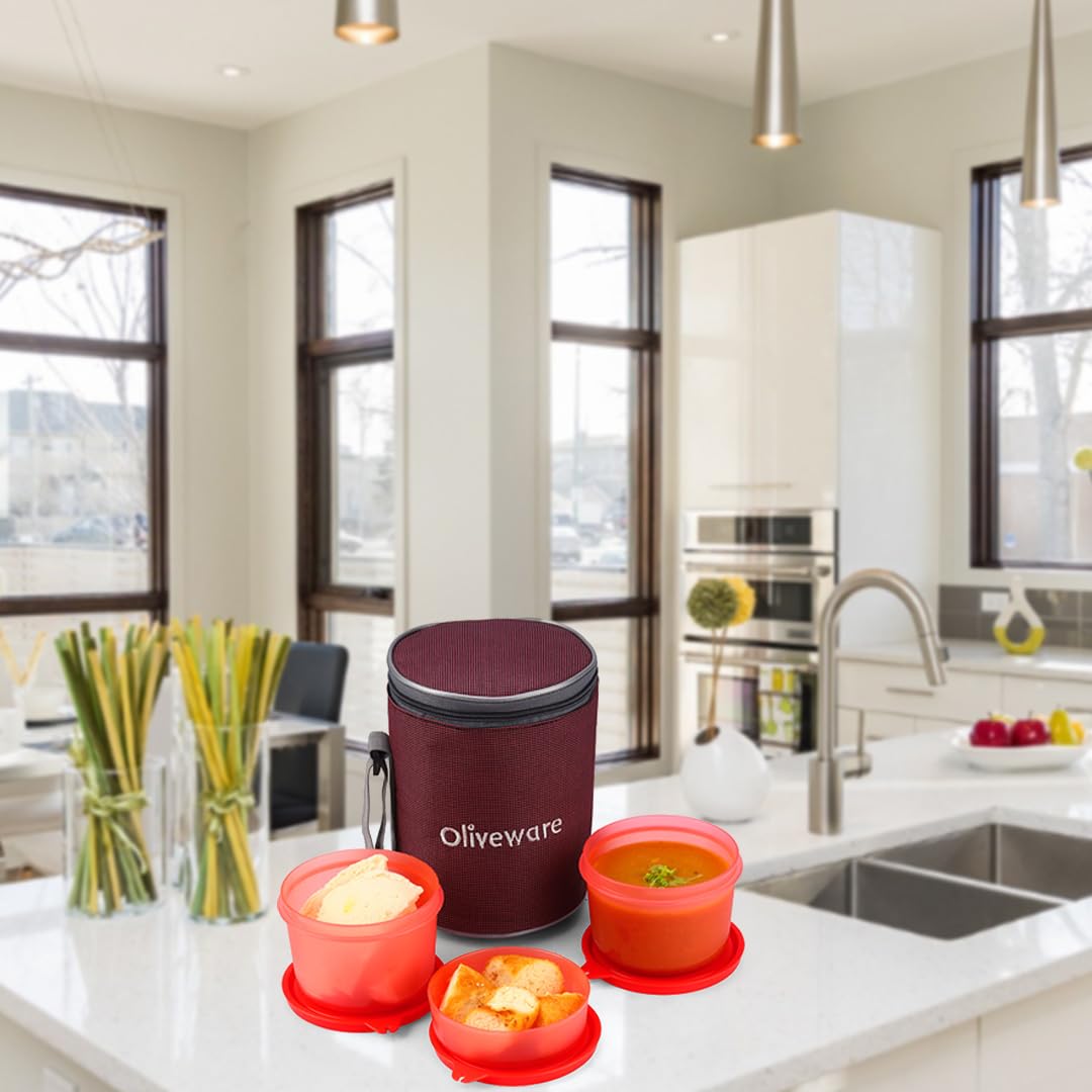 oliveware Easy Meal Plastic Lunch Box with Insulated Fabric Bag, BPA Free & Leak Proof, Set of 3 (290ml, 600ml, 600ml), Full Meal - Red