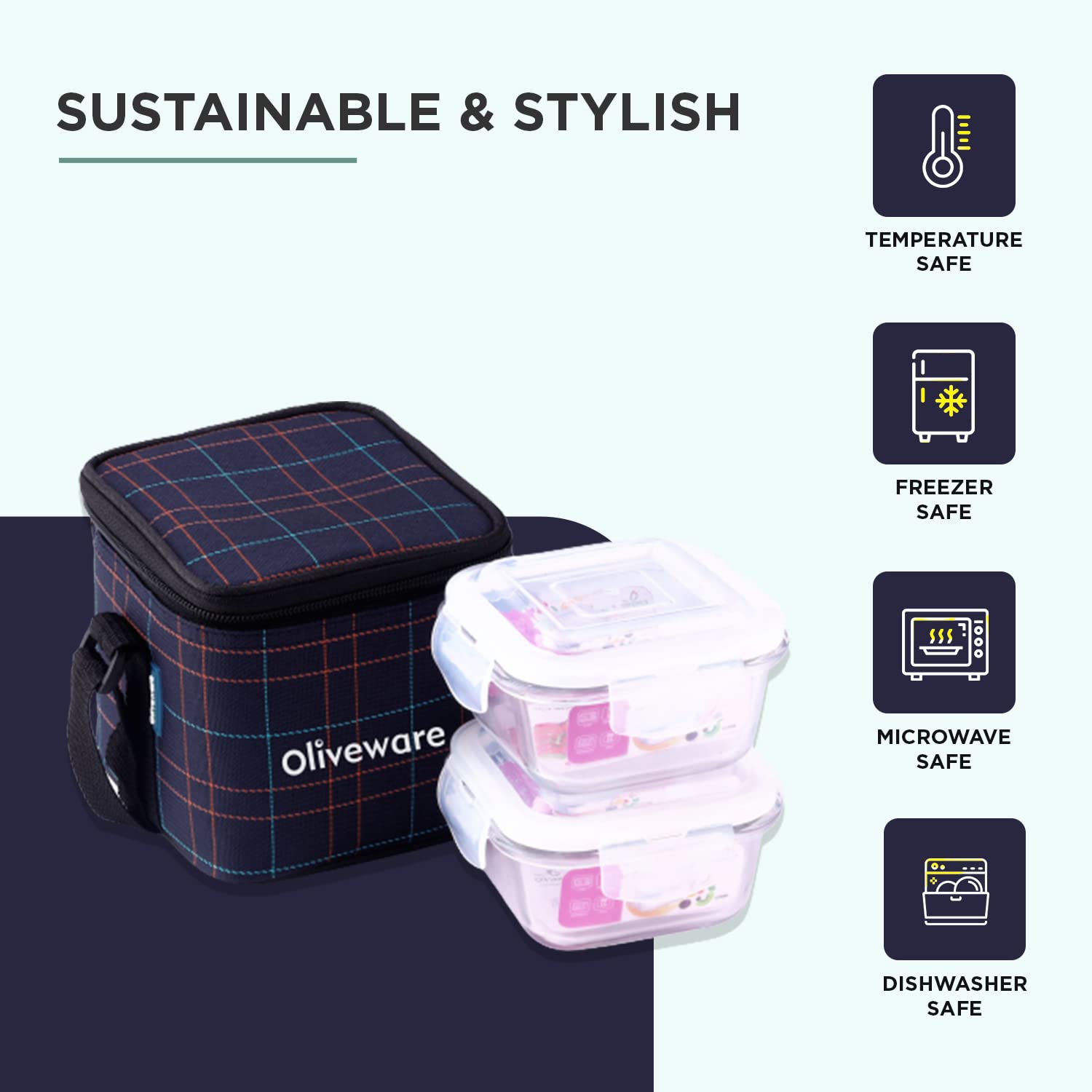 SOPL-OLIVEWARE Feast Glassware Square Lunchbox, Borosilicate Glass Containers, Microwave Safe & Leak Proof, 2 Containers with BPA Free Lids (320ml) Each - Blue