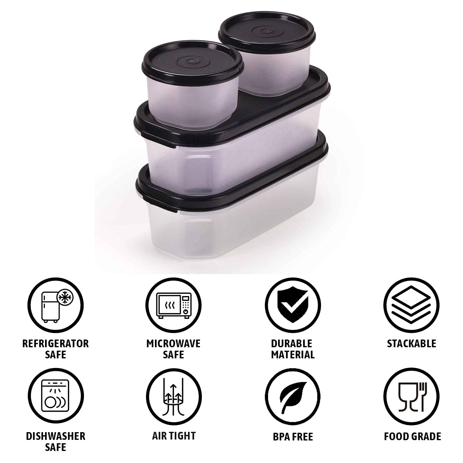 Oliveware Modular Storage Containers with Airtight Lid, BPA Free, For Pulses, Rice, Dal & Atta, Set of 4 (2x600ml, 2x180ml) - Black